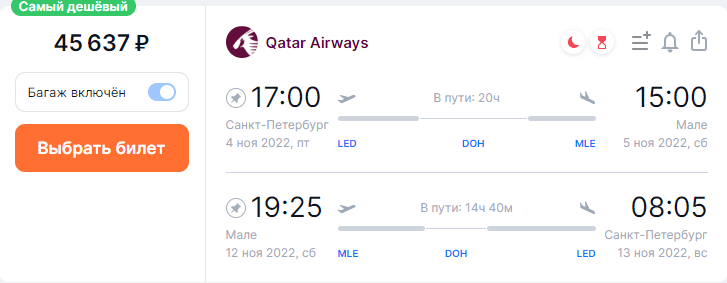 Теперь не космос: на Мальдивы из Москвы и СПб с Qatar Airways от 43500₽ туда-обратно