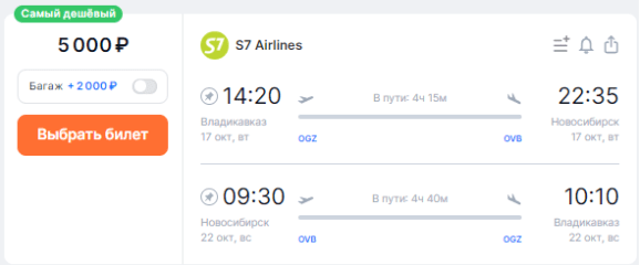 Жемчужина распродажи S7: прямые рейсы между Новосибирском и Владикавказом за 5000 рублей в обе стороны