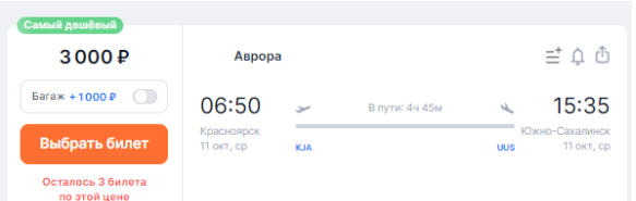 Дешевле не бывает: прямые рейсы между Красноярском и Сахалином в октябре по 3000 рублей
