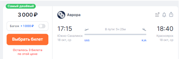 Дешевле не бывает: прямые рейсы между Красноярском и Сахалином в октябре по 3000 рублей