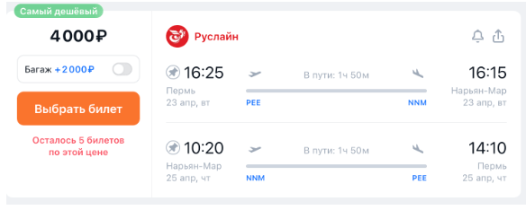 Прямые рейсы из Перми в Нарьян-Мар за 2000 рублей в один конец и за 4000 рублей туда-обратно