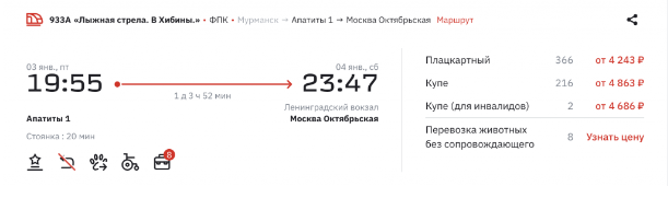 Билеты на Горнолыжную стрелу из Москвы в Апатиты на новогодние в продаже от 4243 ₽ в одну сторону