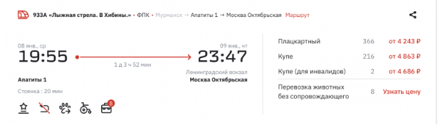 Билеты на Горнолыжную стрелу из Москвы в Апатиты на новогодние в продаже от 4243 ₽ в одну сторону